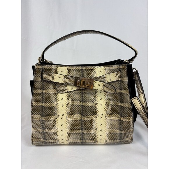 Bruno Magli 1936 Snake Embossed Satchel Bag Leather Top Handle Cream Brown - Picture 5 of 14